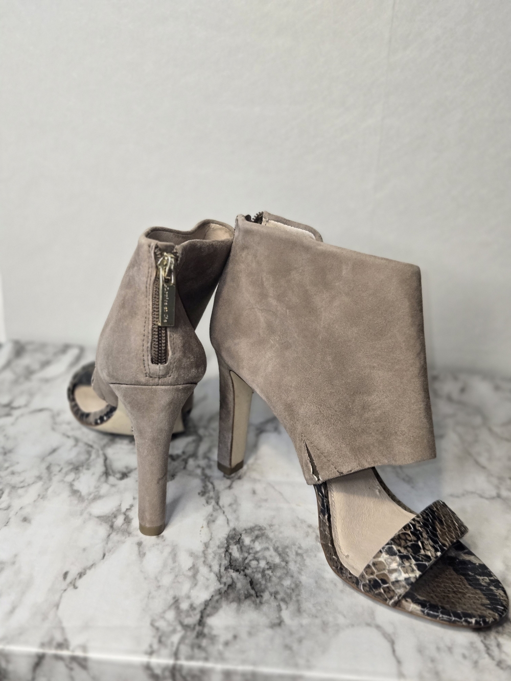 Taupe Suede High Heel Ankle Wrap Sandals with Snake-Print Strap Louise Et Cie